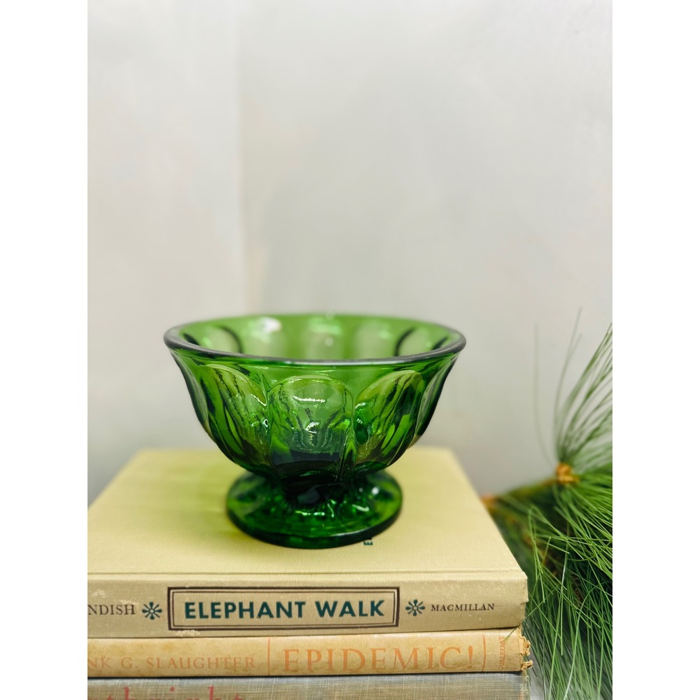 Vintage Emerald Green Glass Footed Bowl Thumbprint Sunburst Base